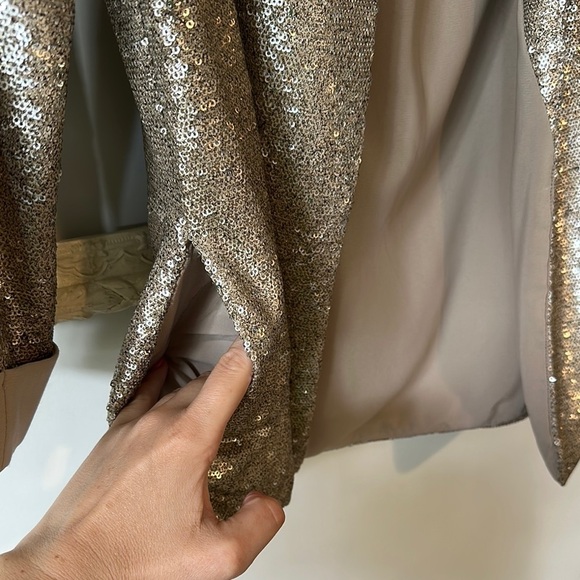 SAM EDELMAN | Champagne Gold Sequin Blazer Open Front 3/4 Sleeves - Picture 9 of 15